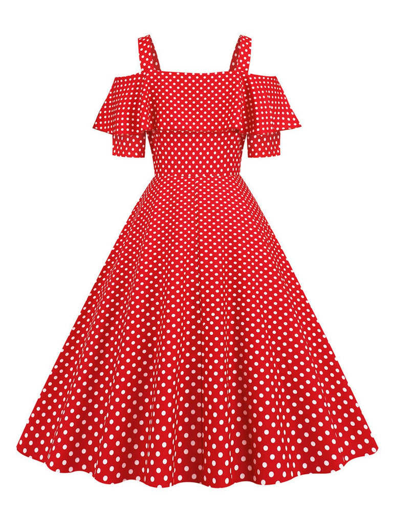 She slips into this 1950s Cold Shoulder Polka Dots Dress and suddenly it's a 1950s daydream