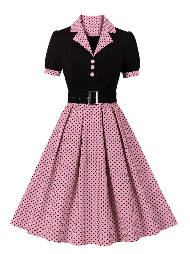 1950s Color Block Polka Dots Lapel Dress