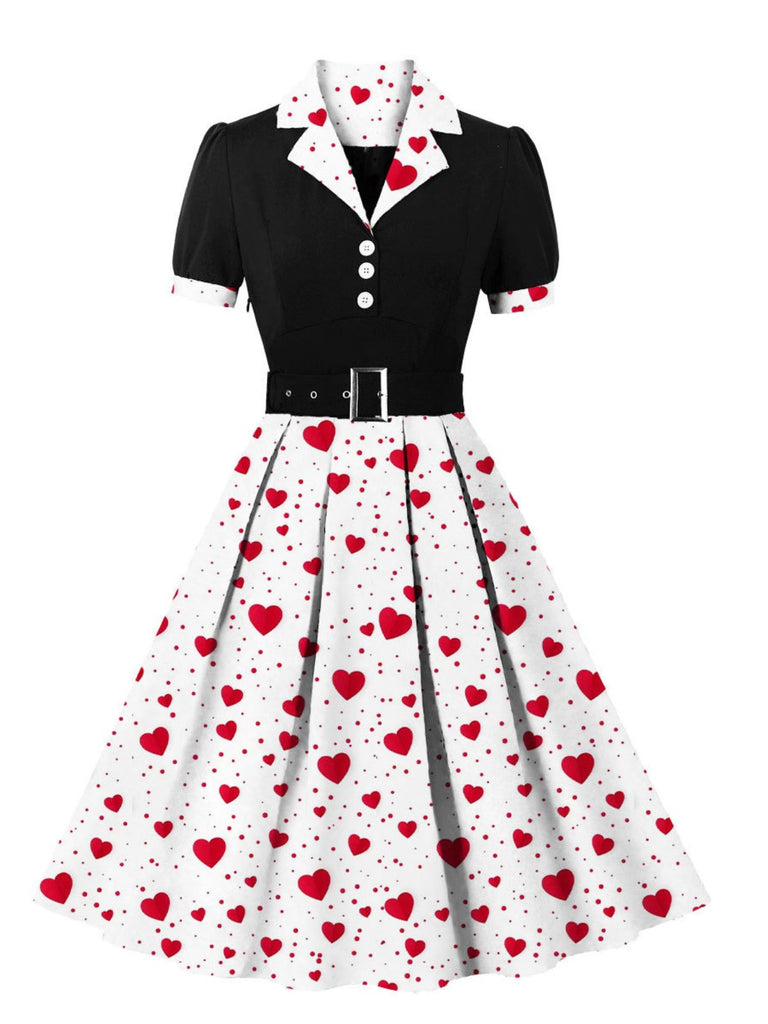 Plus Size] 1950s Color Block Polka Dots Lapel Dress