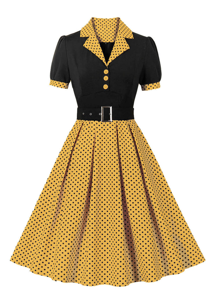 1950s Color Block Polka Dots Lapel Dress