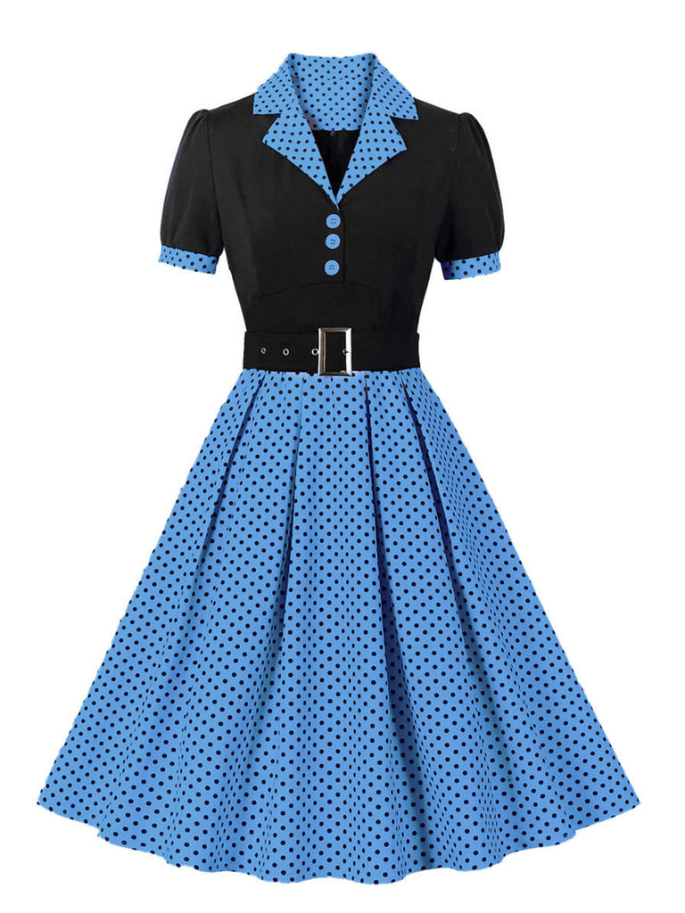 open lace back dress Plus Size] 1950s Color Block Polka Dots Lapel Dress