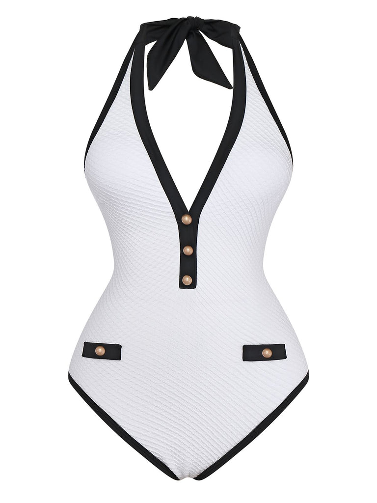 1950s Color Block V-Neck Backless Button Swimsuit - vintage swimsuit, pin-up style