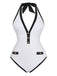 1950s Color Block V-Neck Backless Button Swimsuit - vintage swimsuit, pin-up style