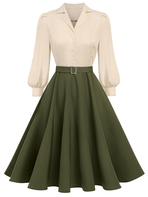 Retro Stage 1950s Colorblock Long Sleeve Button Swing Dress