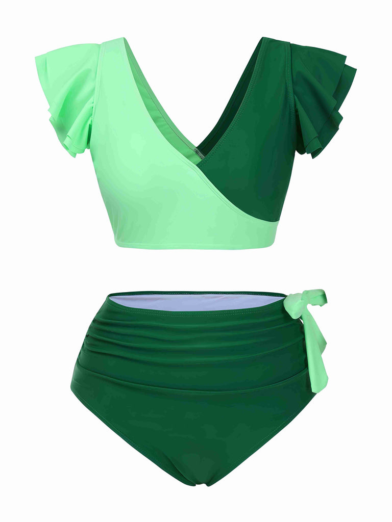 1950s Colorblock Ruffle Ruched Bow Bikini Set - vintage fashion, retro style