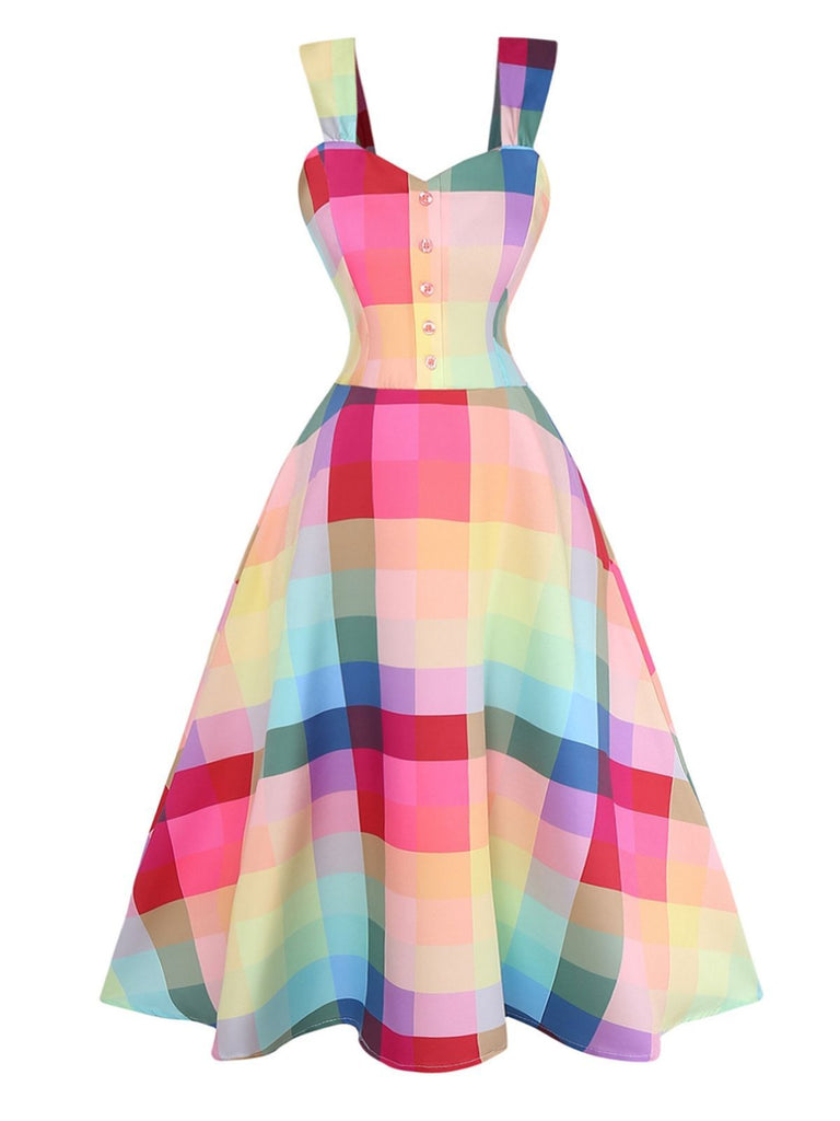 Retro Stage Rainbow Plaid Button Front Swing Dress | 1950s Summer Dress | Pride Outfits Retro Stage Rainbow Plaid Button Front Swing Dress | 1950s Summer Dress | Pride Outfits