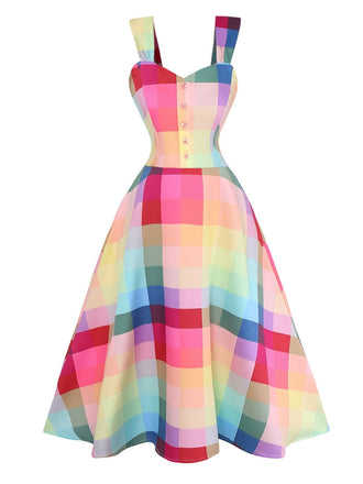 1950s Colorful Plaid Wide-strap A-Line Dress - vintage dress, retro fashion, rockabilly
