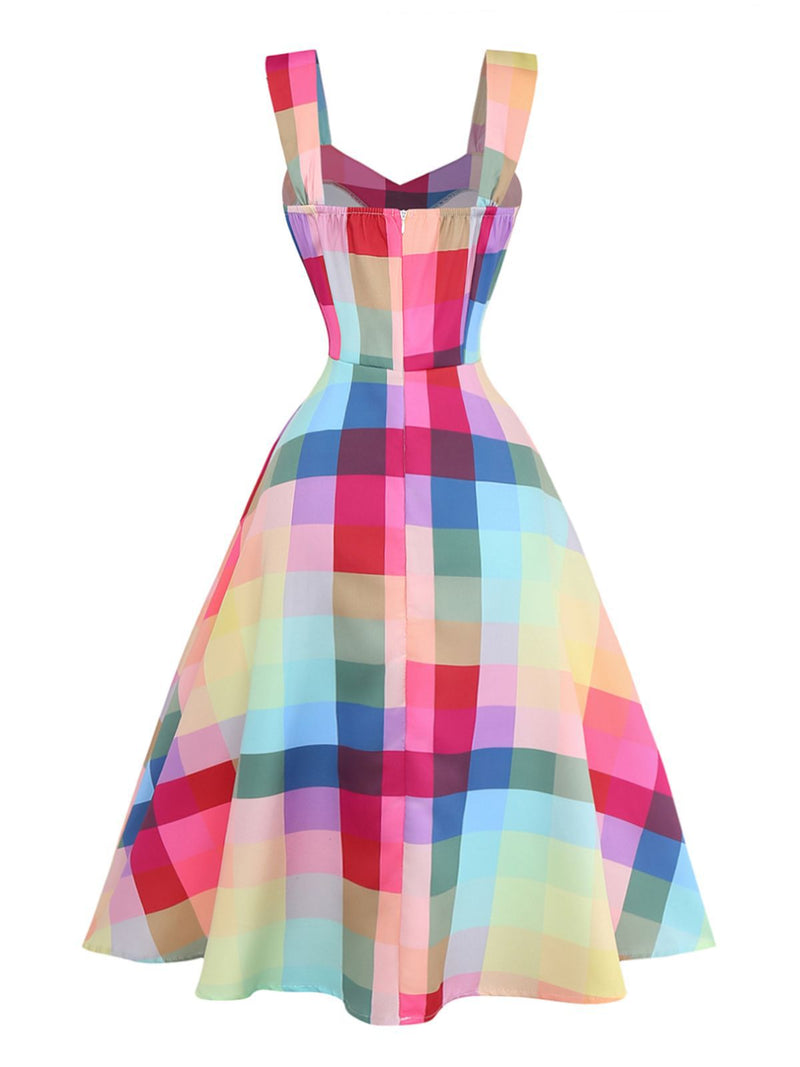 1950s Colorful Plaid Wide-strap A-Line Dress | Retro Stage