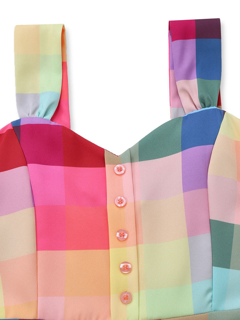 Retro Stage Rainbow Plaid Button Front Swing Dress | 1950s Summer Dress