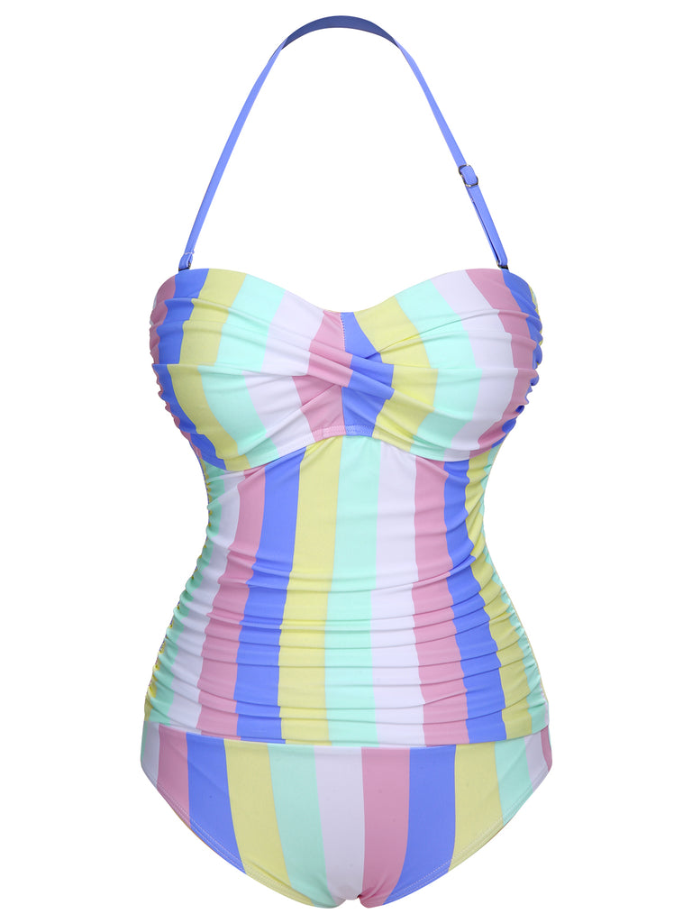 1950s Colorful Striped One-Piece Swimsuit, vintage swimsuit, pin-up swimwear - perfect for women who love vintage and retro fashion