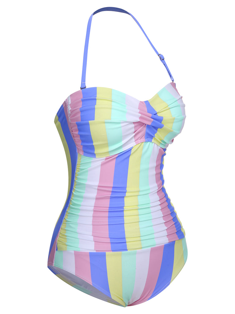 1950s Colorful Striped One-Piece Swimsuit, vintage swimsuit, pin-up swimwear - perfect for women who love vintage and retro fashion