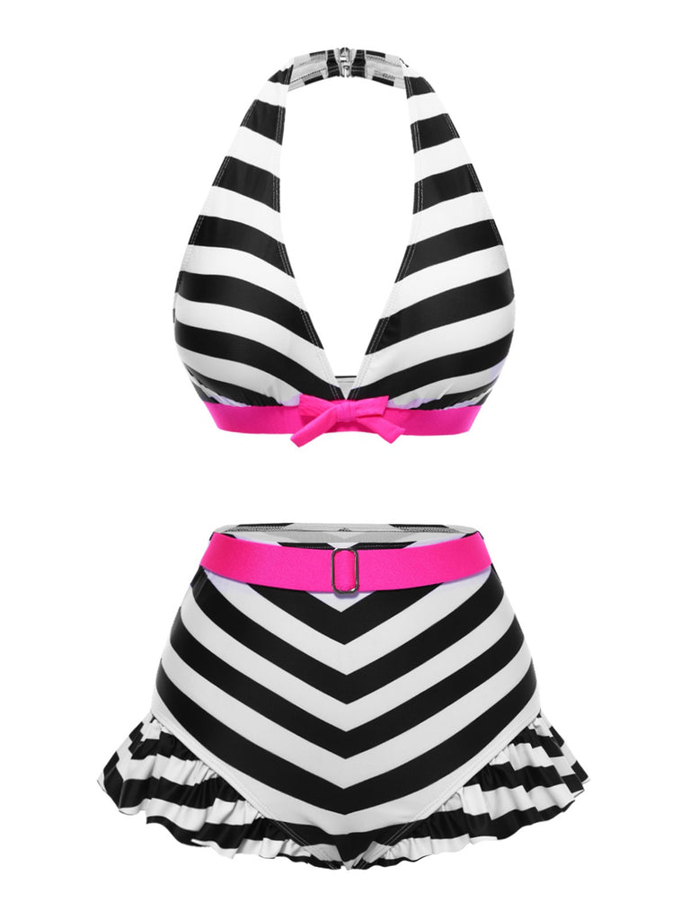 1950s Contrast Bow Ruffle Stripes Bikini: 1950s Riviera elegance, reimagined for her
