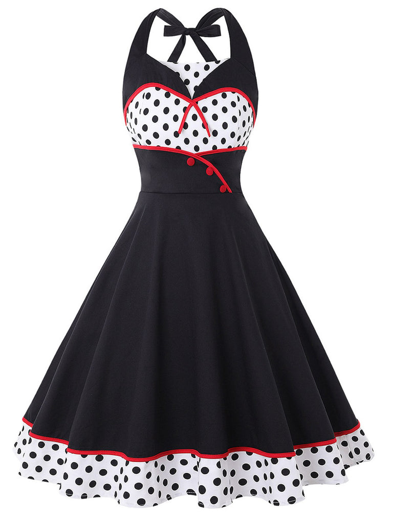 She slips into this 1950s Contrast Polka Dot Patchwork Halter Dress and suddenly it's a 1950s daydream