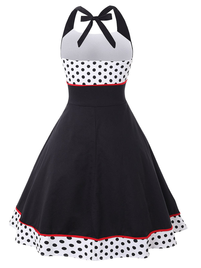 This 1950s Contrast Polka Dot Patchwork Halter Dress wraps her in 1950s elegance, one twirl at a time
