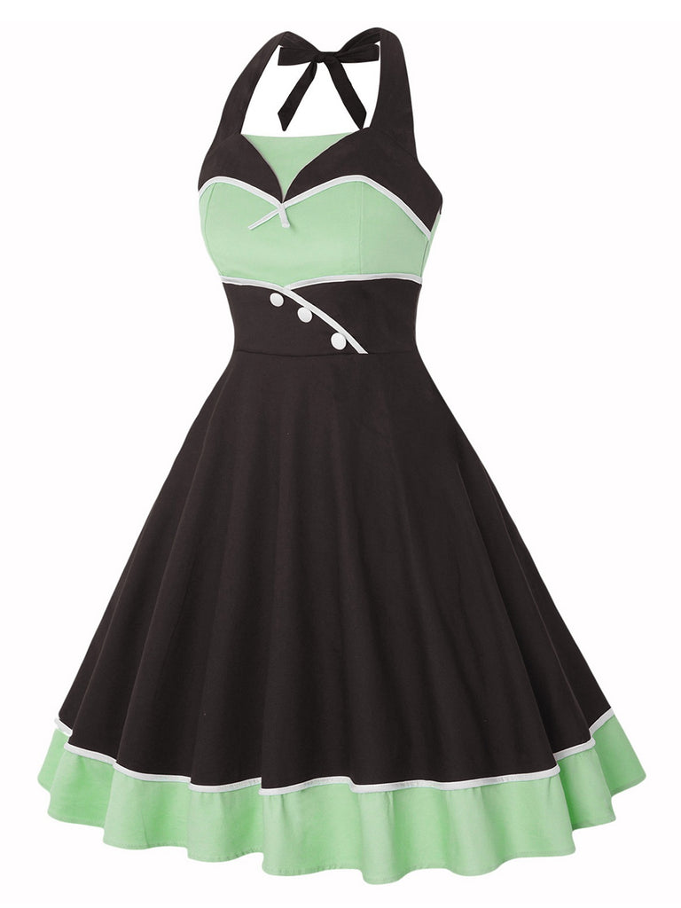 1950s Contrast Polka Dot Patchwork Halter Dress — a 1950s silhouette that turns sidewalks into runways