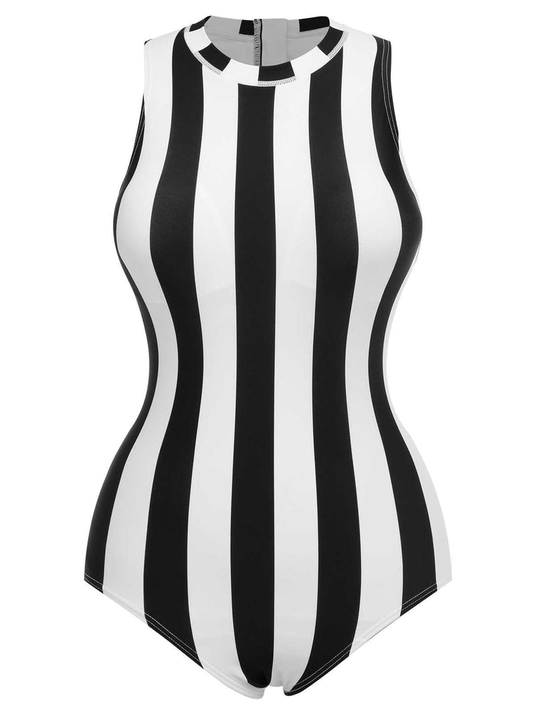1950s Contrast Stripes Triangle One-Piece Swimsuit: 1950s Riviera elegance, reimagined for her