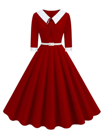 She slips into this 1950s Contrast Tie Neck Belted Lapel Dress and suddenly it's a 1950s daydream