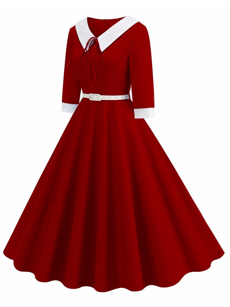 1950s Contrast Tie Neck Belted Lapel Dress: where 1950s romance meets her modern spirit