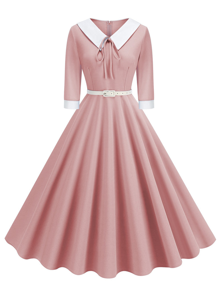 1950s Contrast Tie Neck Belted Lapel Dress: where 1950s romance meets her modern spirit