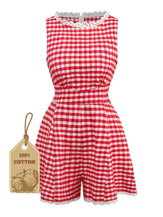 1950s Cotton Lace Patchwork Gingham Plaid Romper - vintage jumpsuit, retro fashion