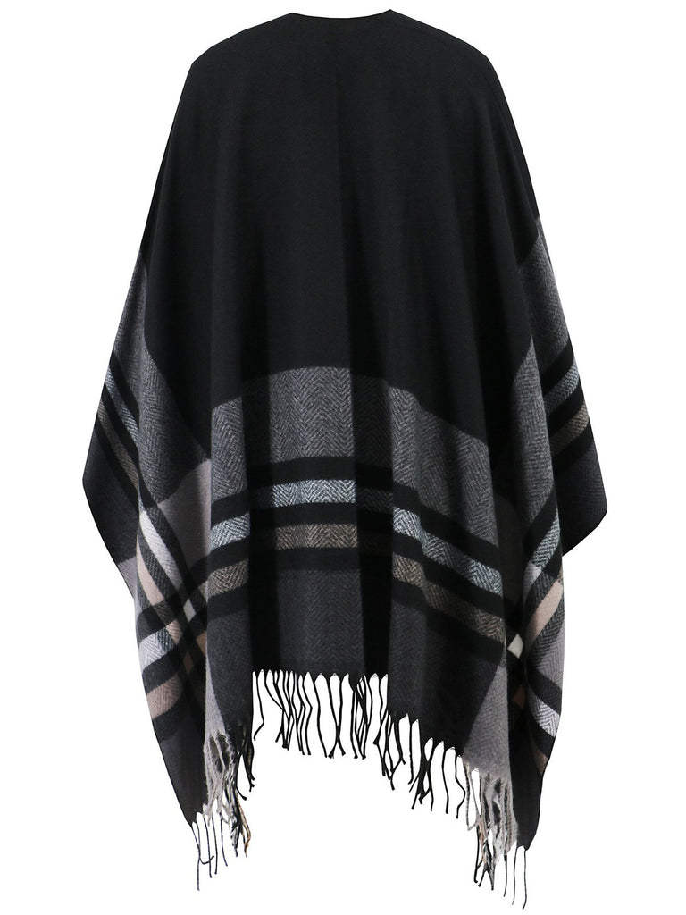 1950s Cozy Windproof Striped Tassel Poncho Coat - vintage fashion, retro style