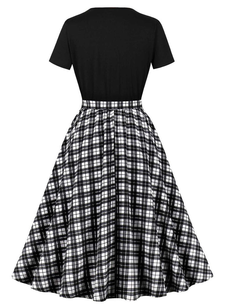 Black 1950s Crew Neck Patchwork Swing Dress, vintage dress, retro fashion, rockabilly, pin-up fashion - perfect for women who love vintage and retro fashion