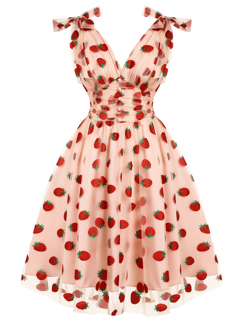 Retro Stage Cocktail Strawberry Mesh Swing Dress - Pink/XL Retro Stage Cocktail Strawberry Mesh Swing Dress - Pink/XL