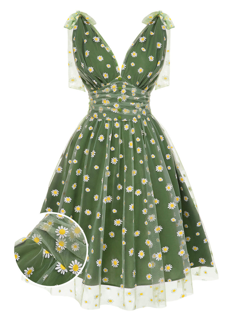 Retro Stage Green Daisy Print Tulle Dress | Moss Green Garden Party Dress Retro Stage Green Daisy Print Tulle Dress | Moss Green Garden Party Dress