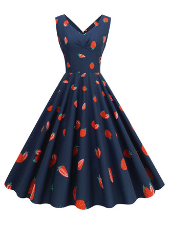 She slips into this 1950s Daisy & Strawberry Print Sleeveless Dress and suddenly it's a 1950s daydream