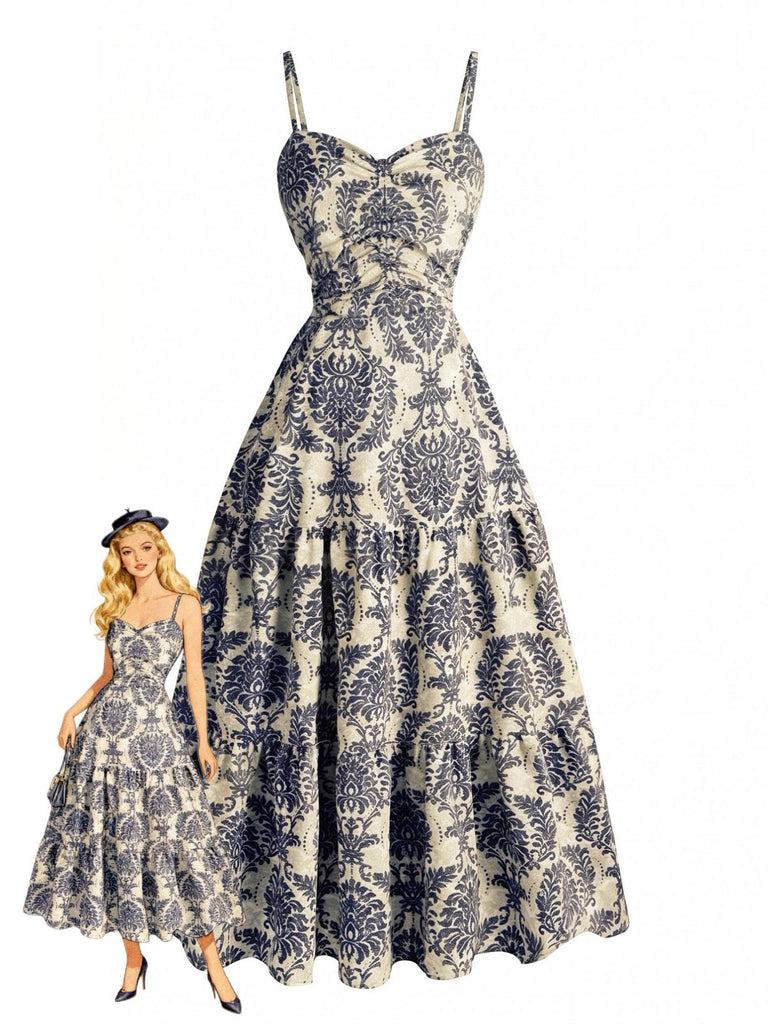 1950s-Damask-Spaghetti-Strap-Sweetheart-A-Line-Dress, vintage, retro, dress