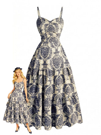 1950s-Damask-Spaghetti-Strap-Sweetheart-A-Line-Dress, vintage, retro, dress