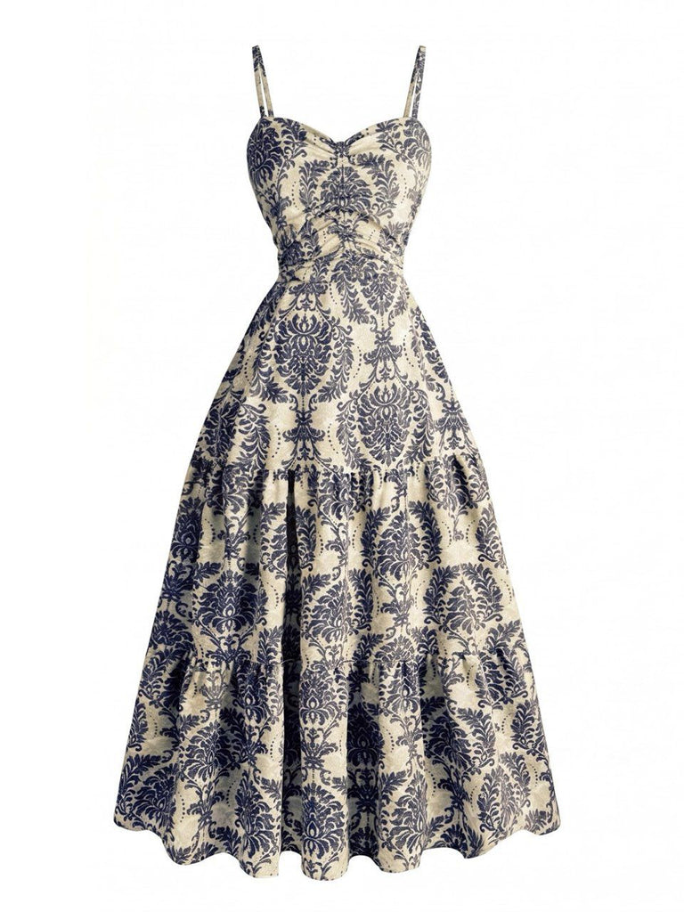 1950s-Damask-Spaghetti-Strap-Sweetheart-A-Line-Dress, vintage, retro, dress
