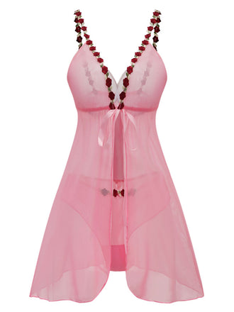 Dark Pink 1950s Deep V-Neck Embroidered Flower Pajama Set - vintage fashion, retro style, elegant red