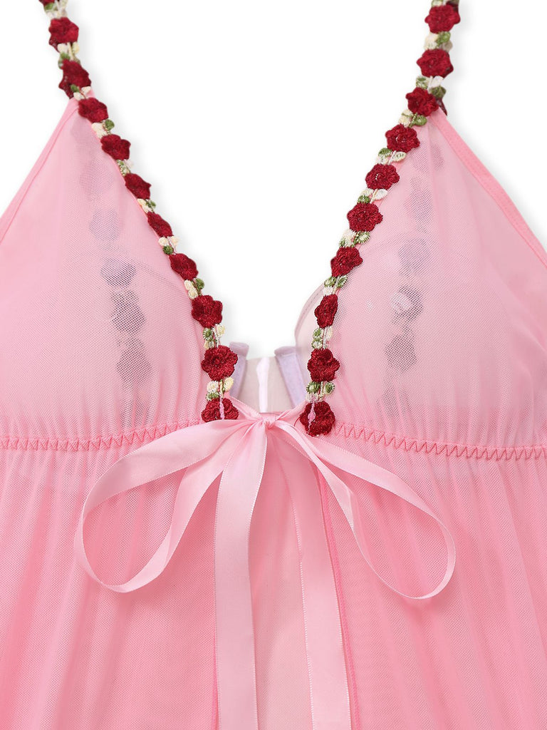 Dark Pink 1950s Deep V-Neck Embroidered Flower Pajama Set - vintage fashion, retro style, elegant red