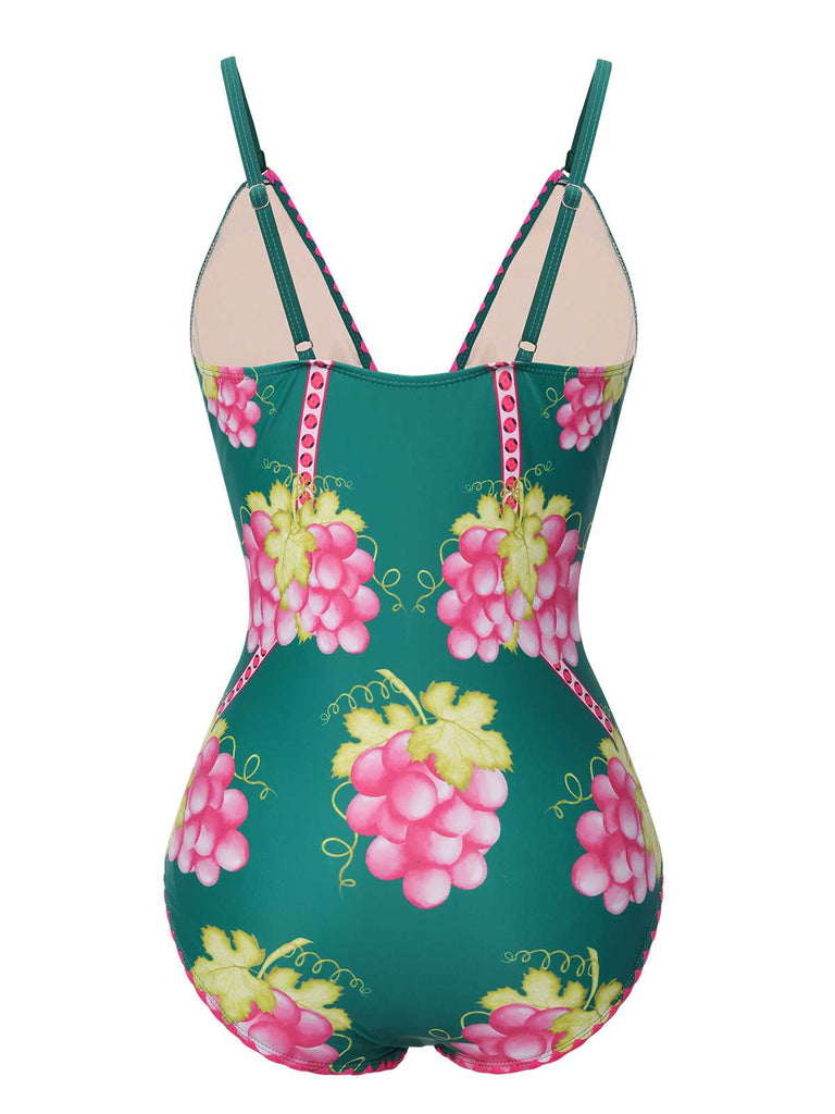 This 1950s Deep V Grape One-Piece Swimsuit carries 1950s vacation dreams in every stitch