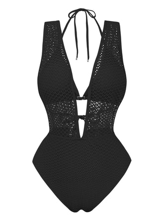 1950s Deep V-Neck Crochet Mesh Halter Swimsuit Set - vintage swimsuit, pin-up style