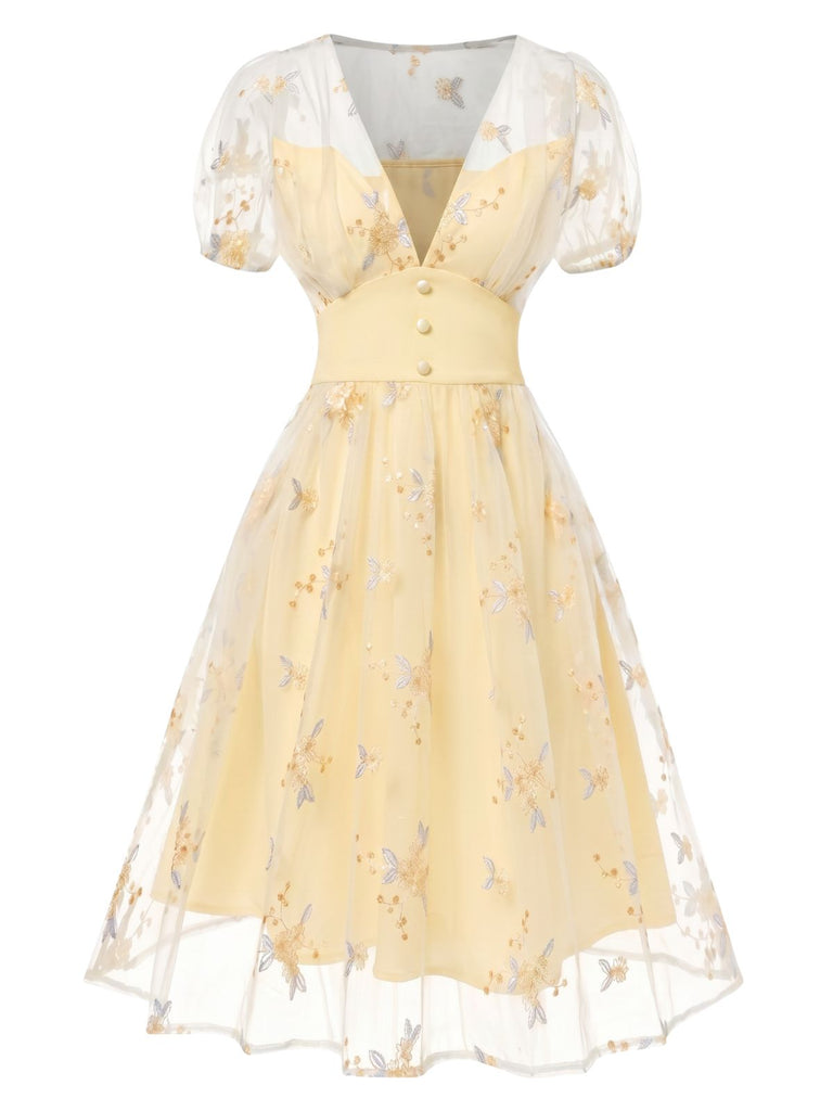 White 1950s Deep V-Neck Embroidered Floral Dress, vintage dress, retro fashion, rockabilly, pin-up fashion - perfect for women who love vintage and retro fashion
