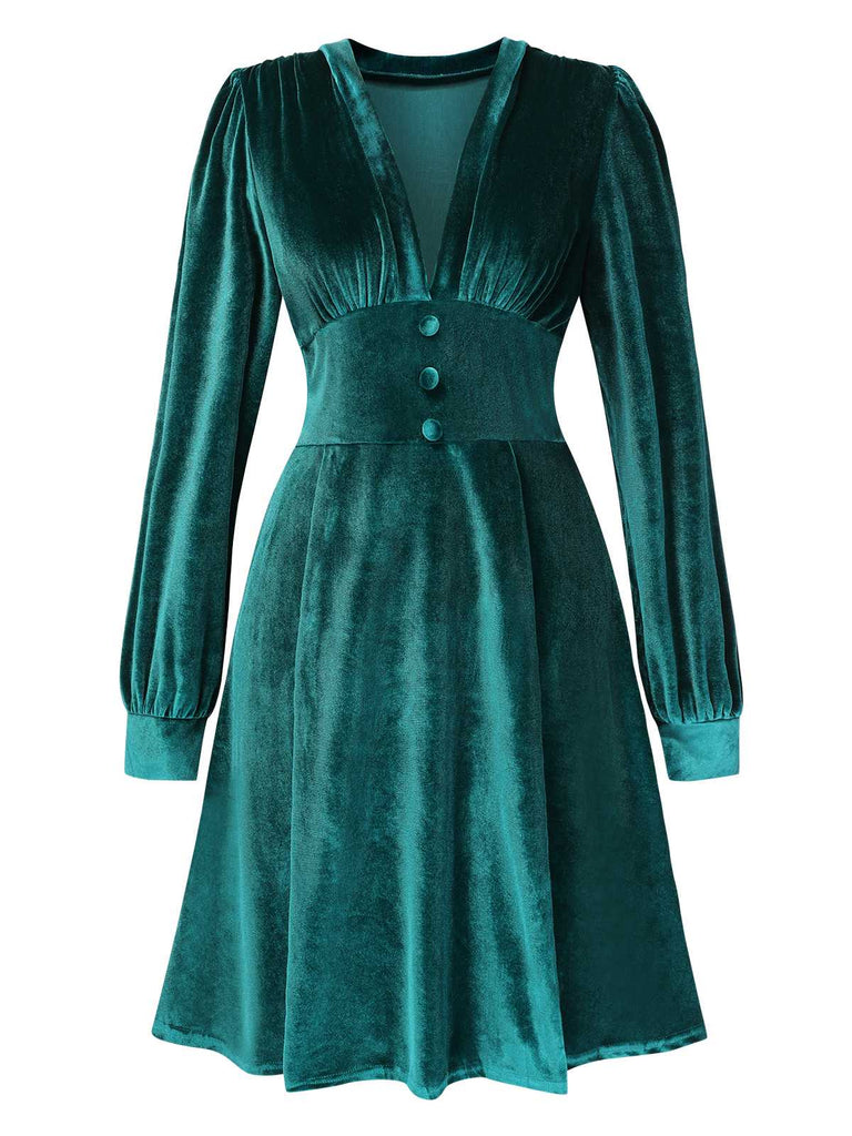 She slips into this 1950s Deep V-Neck Velvet Button Solid Dress and suddenly it's a 1950s daydream