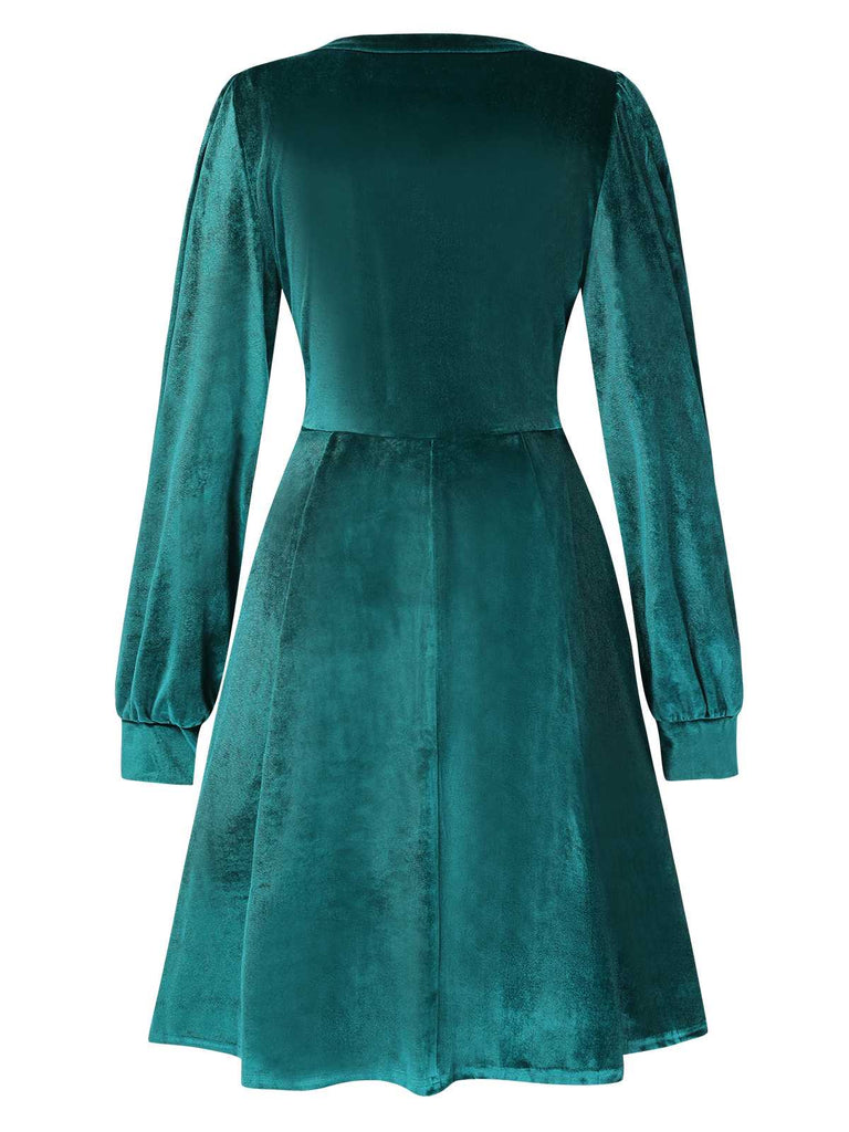 1950s Deep V-Neck Velvet Button Solid Dress: where 1950s romance meets her modern spirit