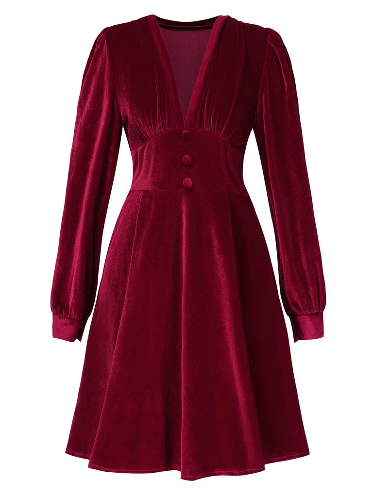 1950s Deep V-Neck Velvet Button Solid Dress — a 1950s silhouette that turns sidewalks into runways