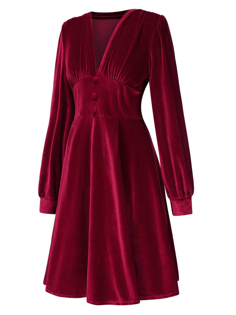 1950s Deep V-Neck Velvet Button Solid Dress: where 1950s romance meets her modern spirit