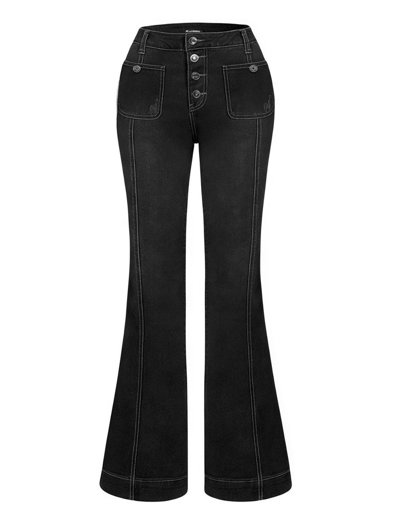1950s Denim Flared Long Pockets Jeans - vintage fashion, retro style, elegant red
