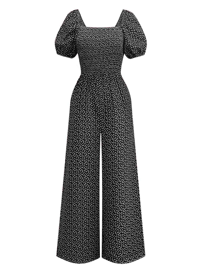 1950s Ditsy Floral Square Neck Puff Jumpsuit - vintage jumpsuit, retro fashion