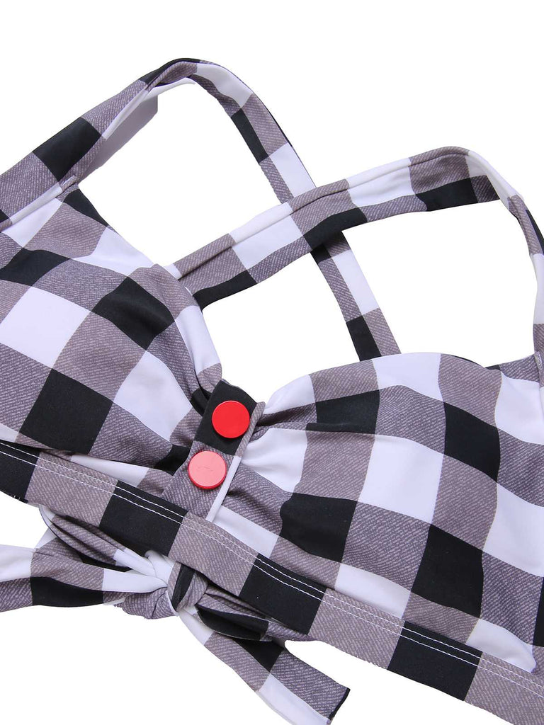 1950s Double Strap Buttoned Plaids Swimsuit: 1950s Riviera elegance, reimagined for her