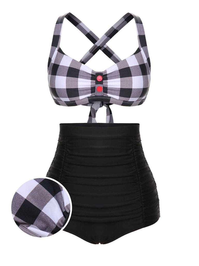 This 1950s Double Strap Buttoned Plaids Swimsuit carries 1950s vacation dreams in every stitch