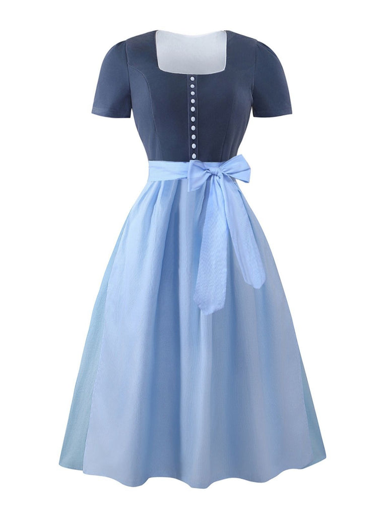 2PCS Blue Grey 1950s Solid Square Neck Dress & Apron - vintage dress, retro fashion, rockabilly