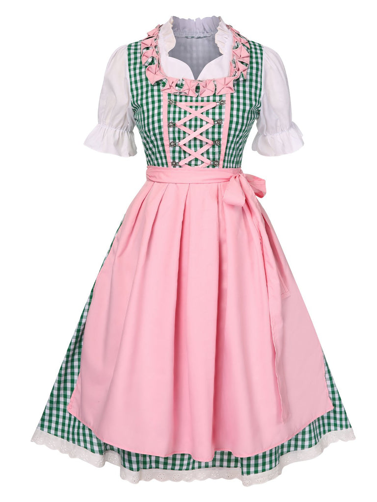 2PCS 1950s Oktoberfest White Top & Green Plaid Dress & Pink Apron | Retro Stage 2PCS 1950s Oktoberfest White Top & Green Plaid Dress & Pink Apron | Retro Stage