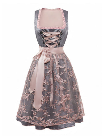 2PCS Pink 1950s Floral Jacquard Dress & Mesh Embroidered Apron - vintage dress, retro fashion, rockabilly