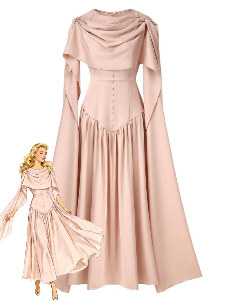 Vintage Cape Sleeve Dusty Rose Dramatic Sleeve Formal Dress | Button Front Old Hollywood Evening Dress Vintage Cape Sleeve Dusty Rose Dramatic Sleeve Formal Dress | Button Front Old Hollywood Evening Dress