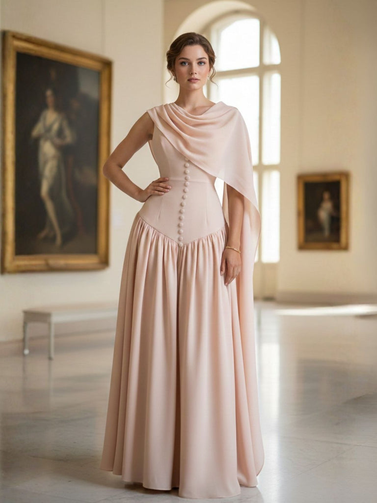 Beige 1950s Draped Renaissance Long Sleeve Maxi Dress - vintage dress, retro fashion, rockabilly
